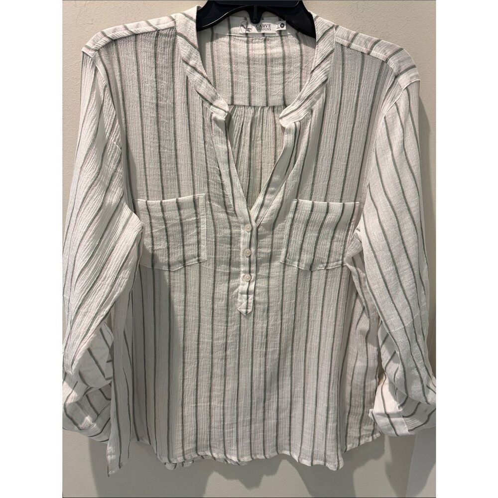 Carve Designs White Long-Sleeve Striped Henley Blouse organic cotton size medium